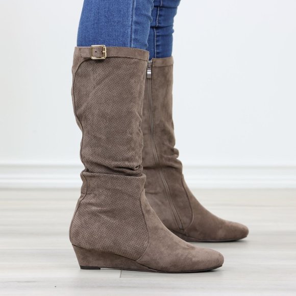 Taupe Faux Suede Round Toe Low Kitten Wedge Heel Mid Calf Boots - Picture 7 of 13